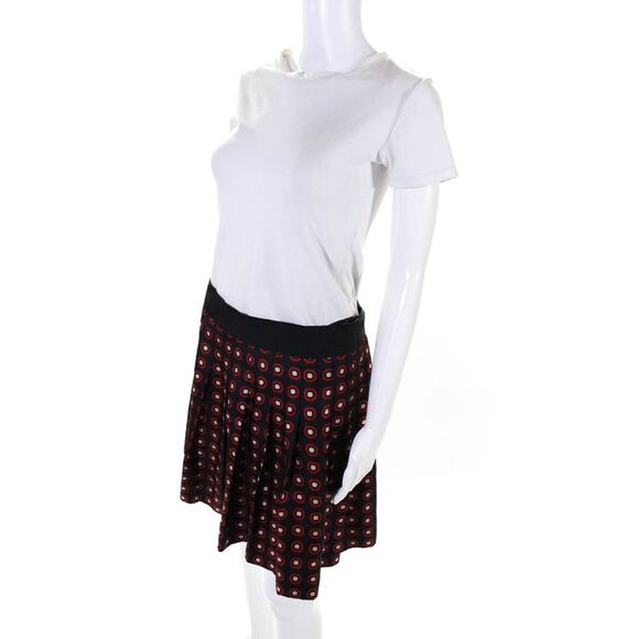 Milly Womens Geometric Pleated Satin Mini Skater Skirt Red Black Ivory Size 8 - Picture 2 of 5